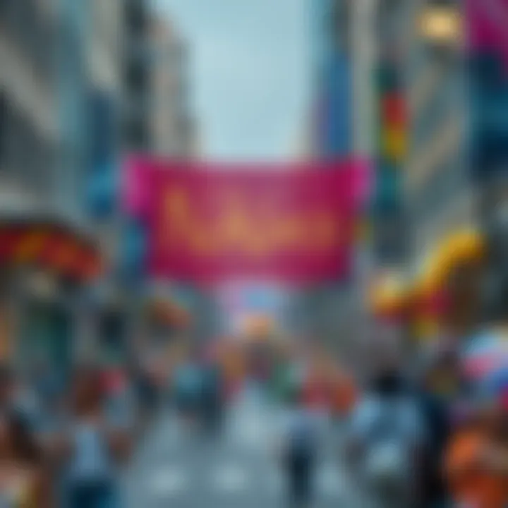 A lively street filled with people celebrating the No Kings Parade, featuring colorful banners and decorations.