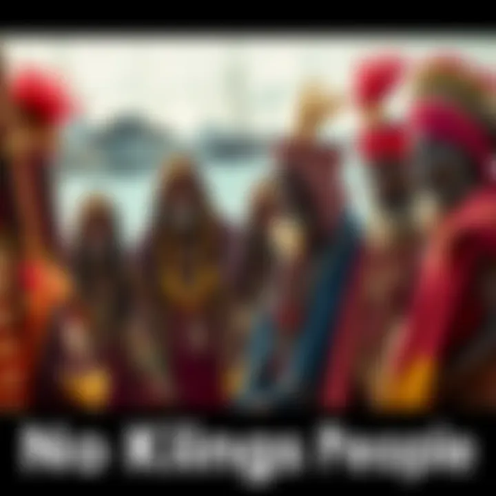 A group of No Kings people engaging in conversation, showcasing their unique clothing and expressions, reflecting their culture.