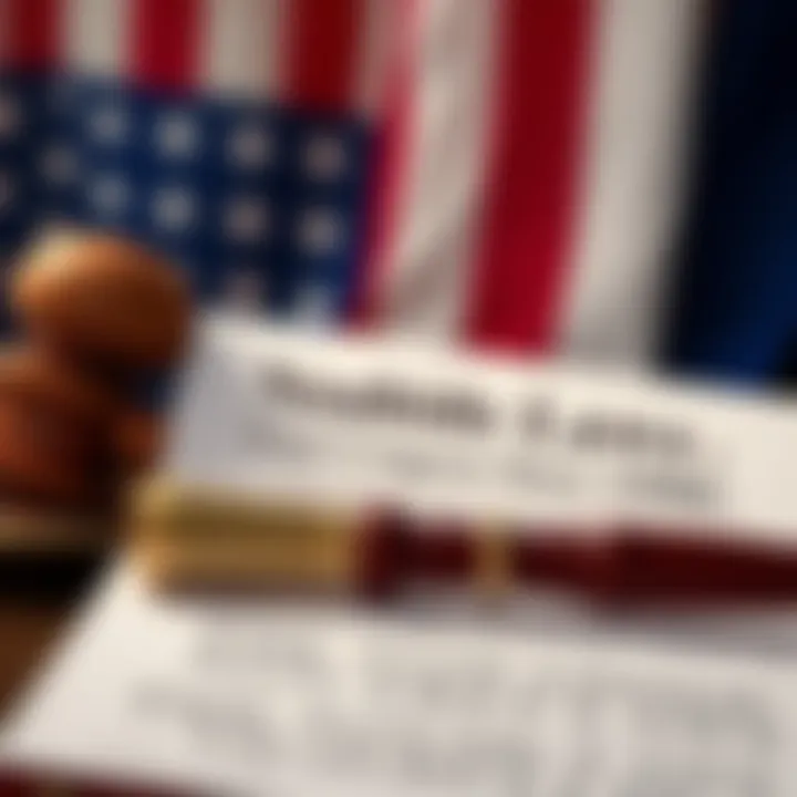 A close-up of a legal document titled 'Noahide Laws' with a gavel and American flag in the background