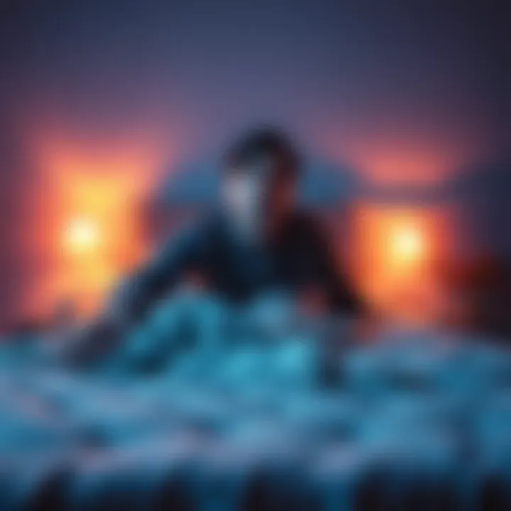 A person looking worried while sitting on a bed, with a hand on the mattress, as strange noises are heard from beneath it.