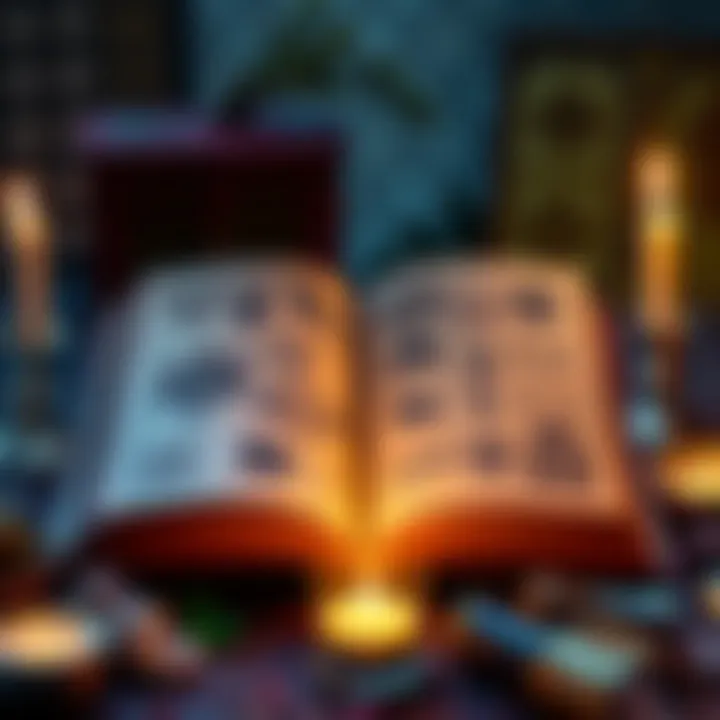 An open book displaying various non-theistic magick symbols and illustrations, surrounded by crystals and candles.