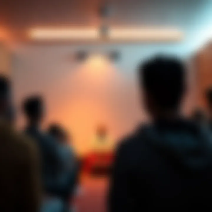 A serene space with people gathered for a non-dual teaching talk in Houston, TX, featuring a speaker at the front.