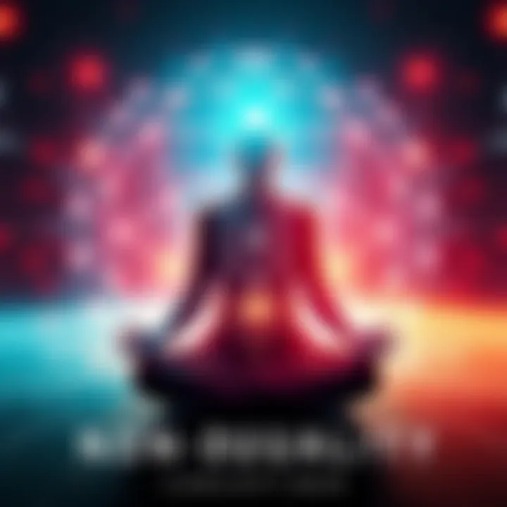 A visual representation of non-duality featuring a person meditating with a holographic image of their consciousness surrounding them, illustrating the idea of reality as an illusion.