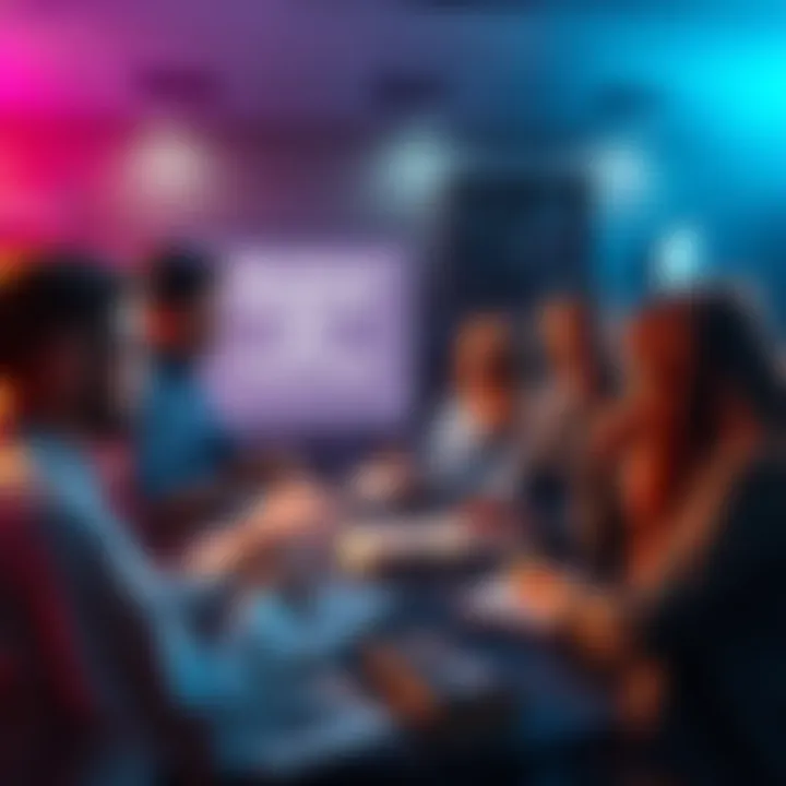 A group of people engaged in a lively debate about Non-Human Intelligence, with books and notes scattered around them.