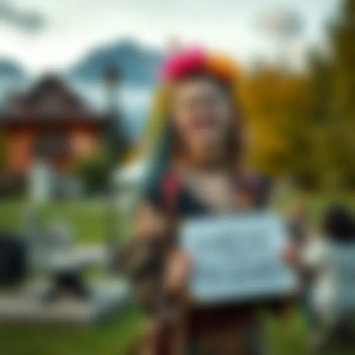 A nonbinary individual with eclectic pagan attire stands in a park in Austria, smiling and holding a sign that says 'Looking for Friends'.