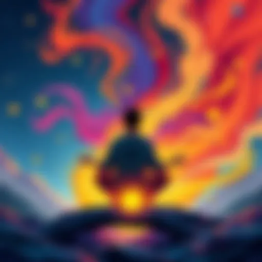Illustration showing a person meditating with swirling colors representing emotions and consciousness around them, reflecting on moral choices.