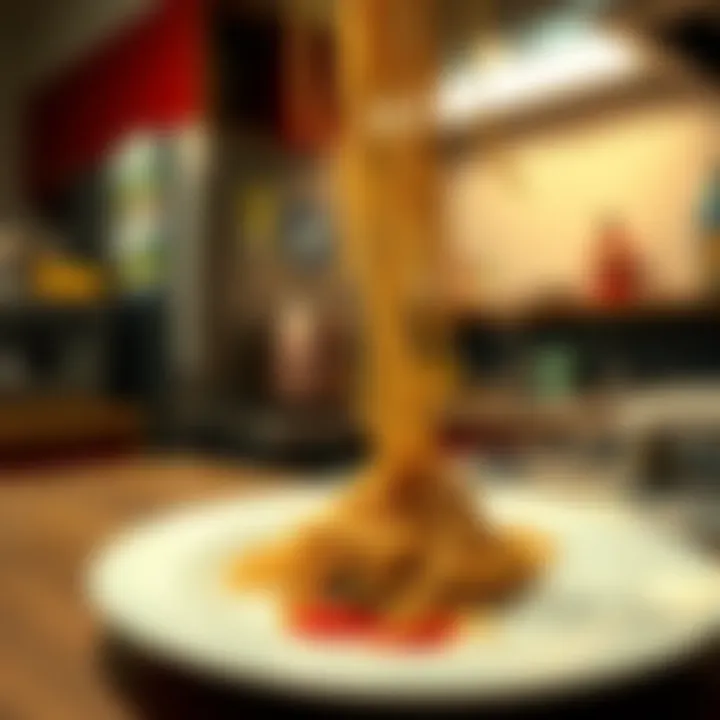 A humorous moment showing noodles unexpectedly landing on a plate in a kitchen setting