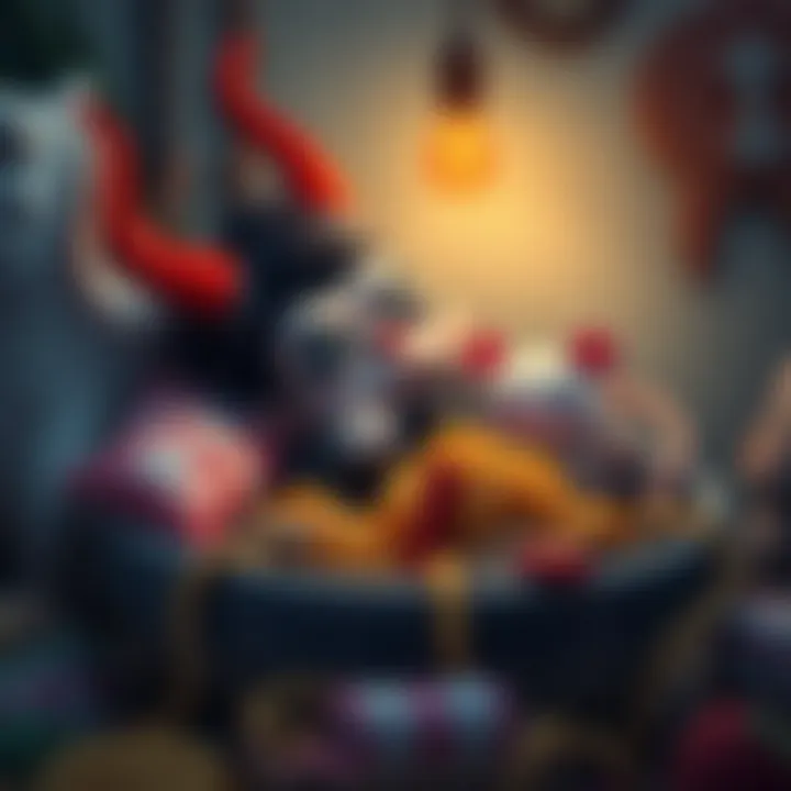 A playful character named Noodle Satan relaxing with a sleeping mouse by his side, surrounded by colorful noodles and a cozy setting.