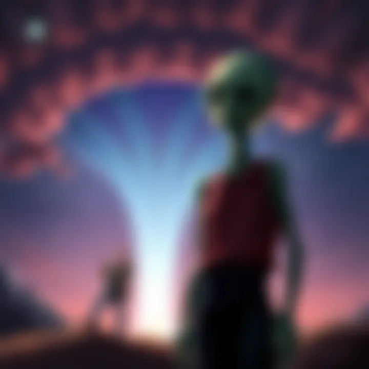 A depiction of a Nordic alien with tall stature and blond hair, standing beside a frightened man under a starry sky, symbolizing the 1957 Brazil abduction claims.