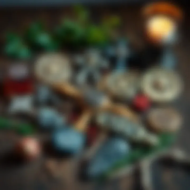 A collection of Nordic pagan symbols on a wooden table, surrounded by natural elements like stones and herbs.