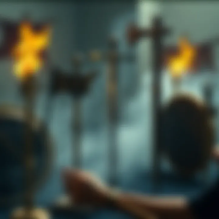 A depiction of ancient Norse rituals with symbols like axes and swords, showcasing cultural practices and beliefs.