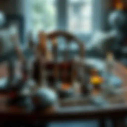 A collection of unique Norse altar items including ritual tools and decorative pieces set on a wooden table.