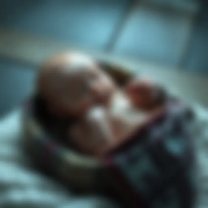 A Norse baby born with an umbilical cord around its neck, cradled in a traditional woven blanket with Norse symbols.