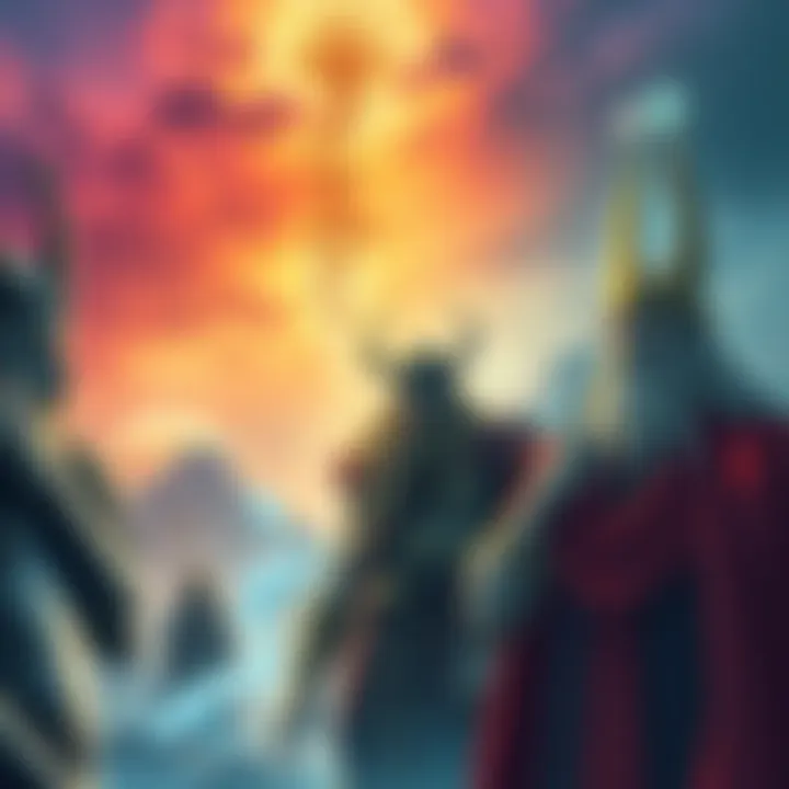 Illustration showing Norse gods Odin and Thor alongside a spirit guide, with a mystical background representing spirituality.