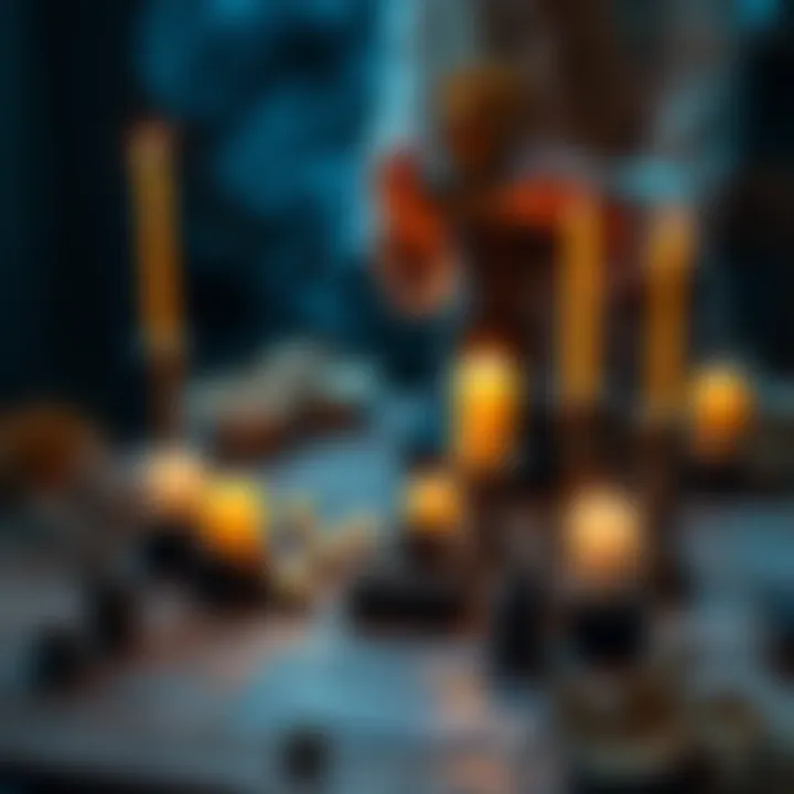 A person assembling a Norse Heathen altar with candles, symbols, and natural elements on a wooden table.