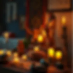 A serene altar with offerings, featuring figures of Norse gods, candles, and natural elements like stones and herbs.