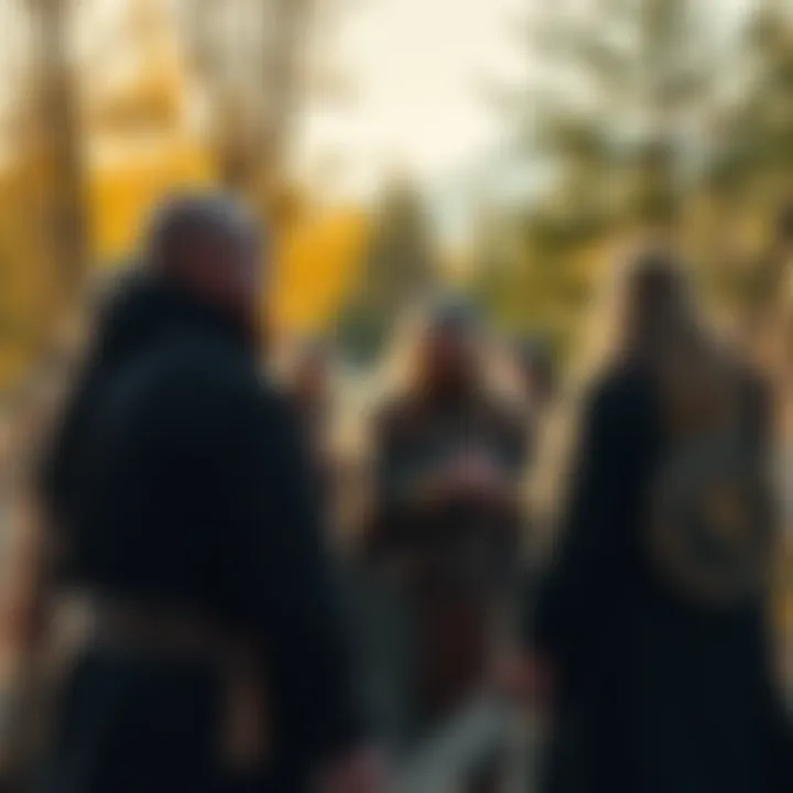 A group of people participating in a Norse Pagan gathering outdoors, sharing ideas and traditions.