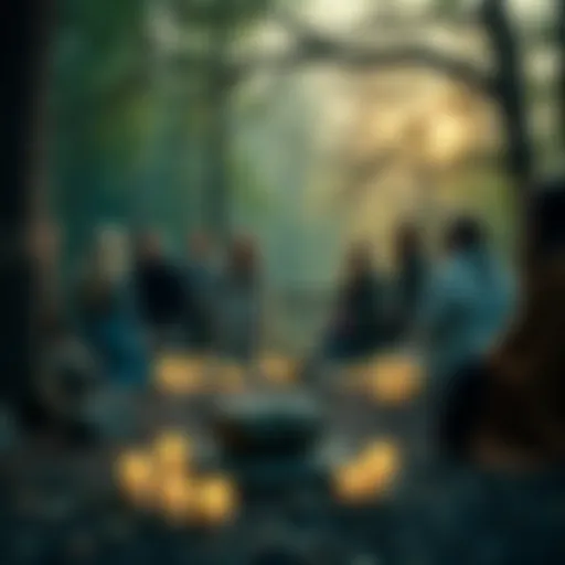 A group of people gathered outdoors for a Norse paganism ceremony, with stones, candles, and natural elements around them.