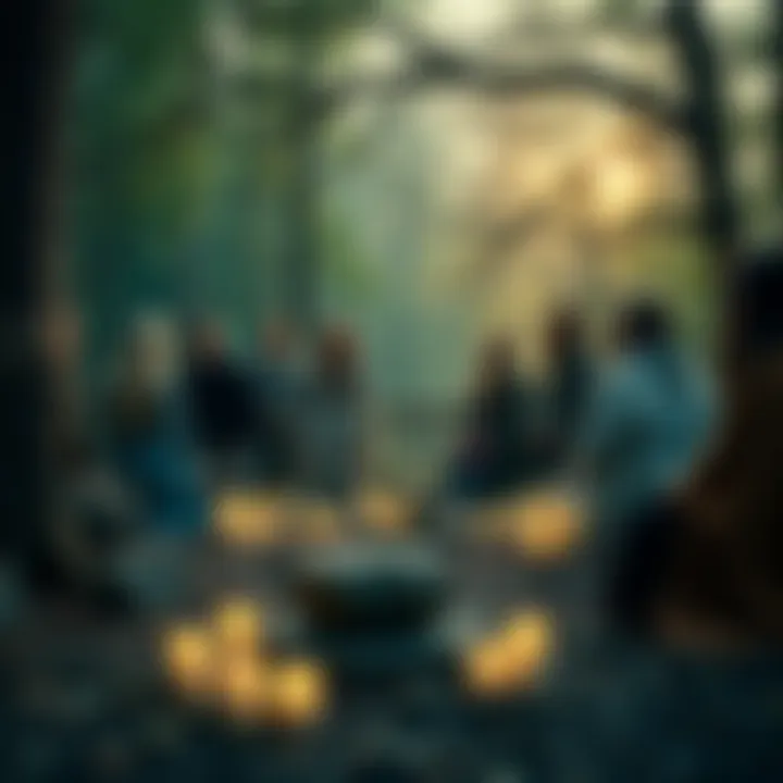 A group of people gathered outdoors for a Norse paganism ceremony, with stones, candles, and natural elements around them.