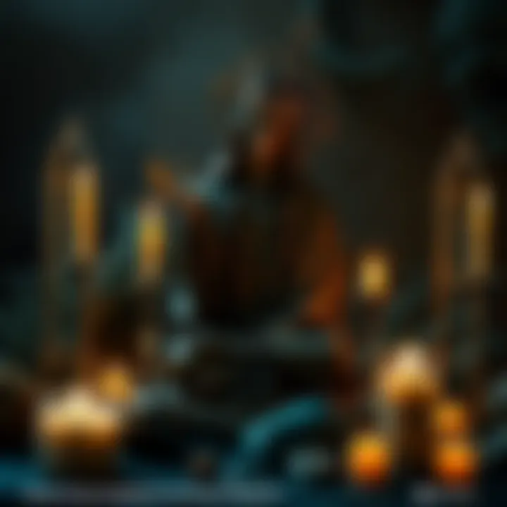 Norse pagan with Santa Muerte A Norse pagan person meditating with a statue of Santa Muerte, surrounded by candles and ocean-themed items.