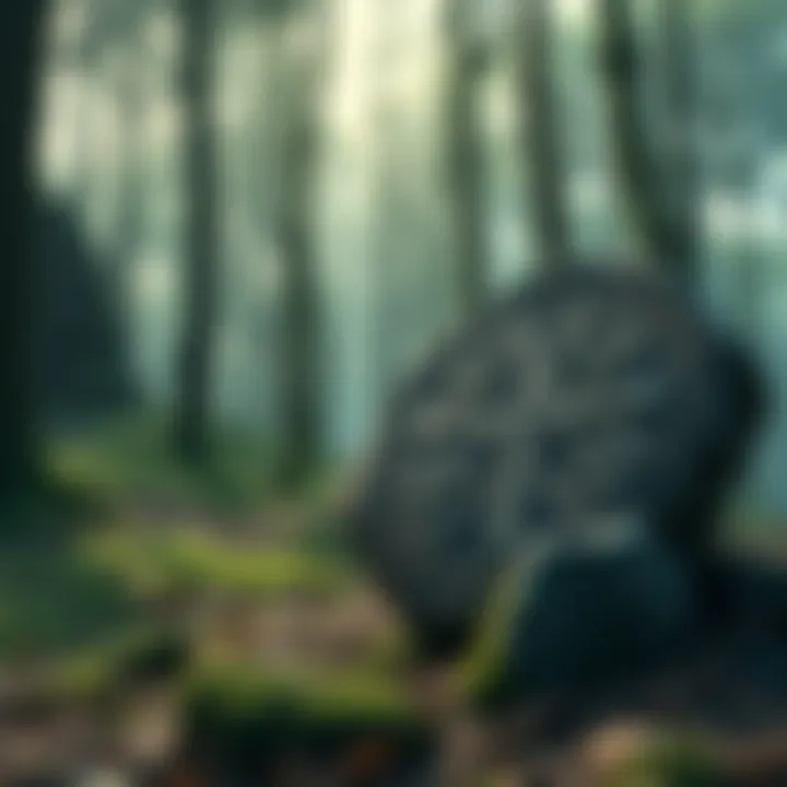 A serene forest scene with Norse symbols carved on a stone, representing ancient beliefs about morality and life.