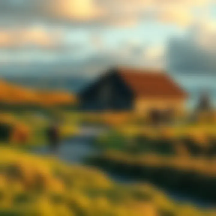 A panoramic view of a Norse temple structure in Reykjavík, surrounded by lush greenery, with people exploring the site.
