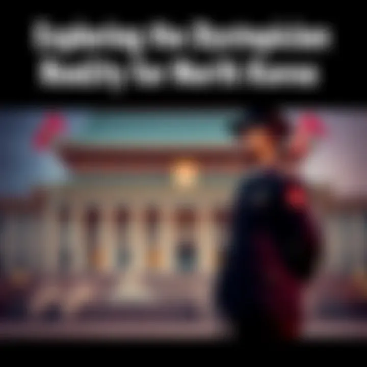 A North Korean soldier in uniform stands watch in front of a government building, symbolizing control and oppression in the country