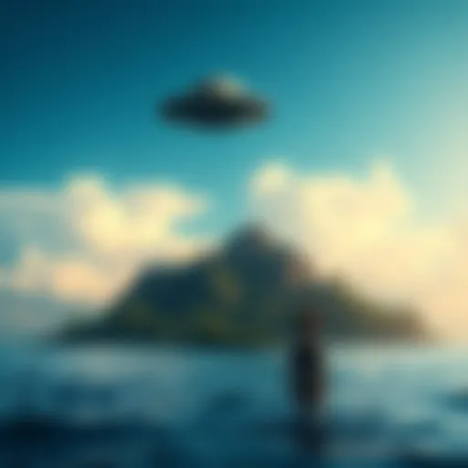A depiction of an island with a tribal figure looking at a strange object in the sky resembling a UFO, symbolizing the clash of cultures and technology.