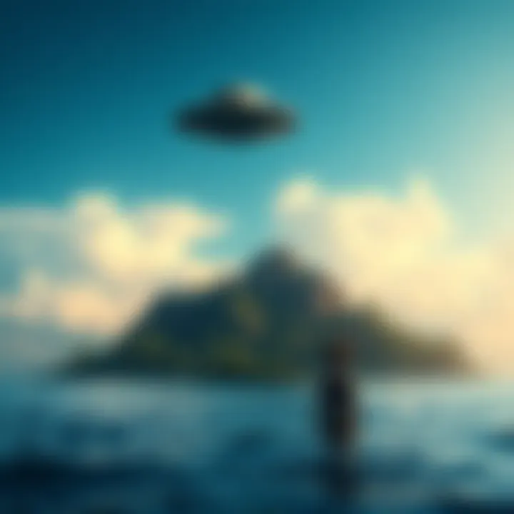 A depiction of an island with a tribal figure looking at a strange object in the sky resembling a UFO, symbolizing the clash of cultures and technology.