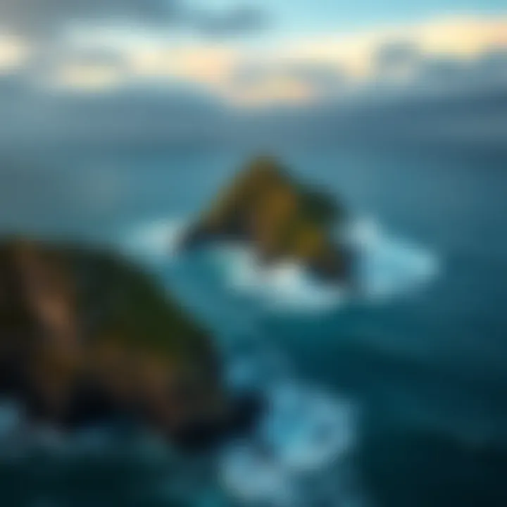 A beautiful view of a North Atlantic island surrounded by ocean waves and a cloudy sky.