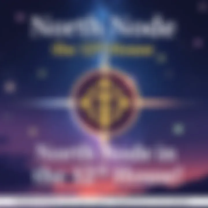 A celestial illustration showing the North Node symbol amidst stars and a background of a serene night sky, representing spirituality and personal growth.