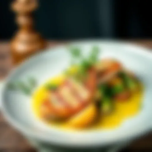 A beautifully plated dish featuring Norway spruce, garnished with herbs and served on a rustic table