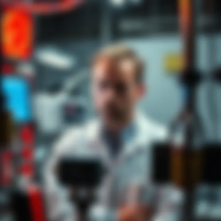 Norwegian Researcher Testing Energy Device A Norwegian researcher in a lab setting, looking concerned while testing a pulsed energy device. Medical equipment is visible around him, suggesting the seriousness of his experiment.
