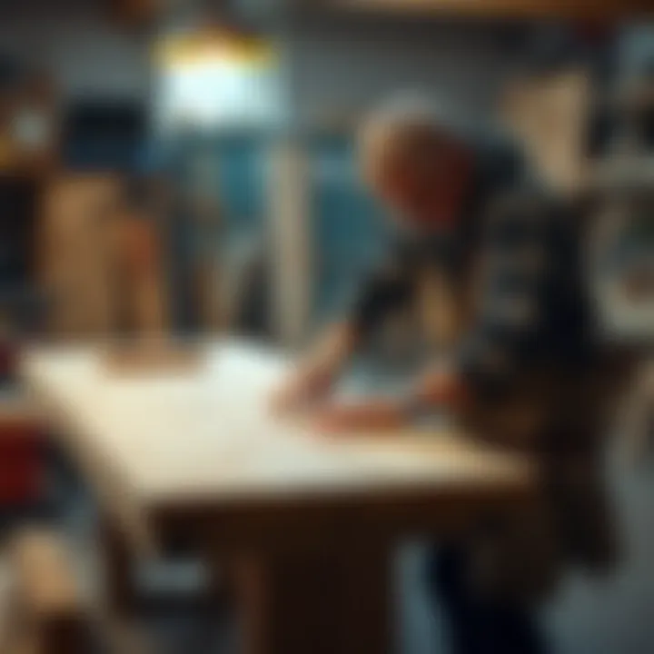 A Norwegian man is constructing a wooden table in a workshop, surrounded by tools and wood pieces.