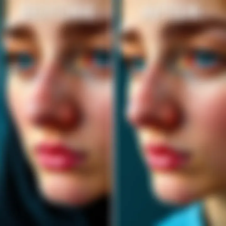 Before-and-after photos showing a person's nose transformation with a straighter appearance and smaller bump after using Fae subliminals.
