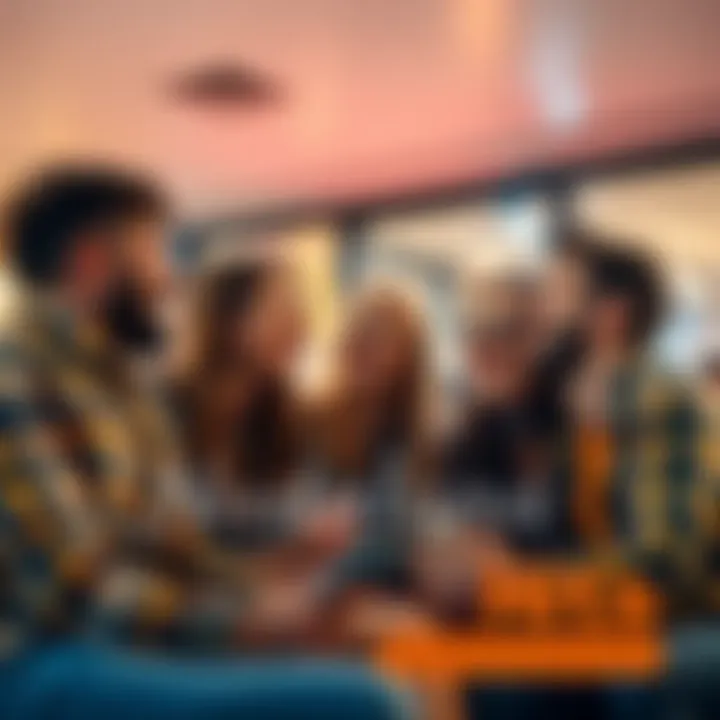 A group of people sharing memories of past trends and moments, smiling and laughing together