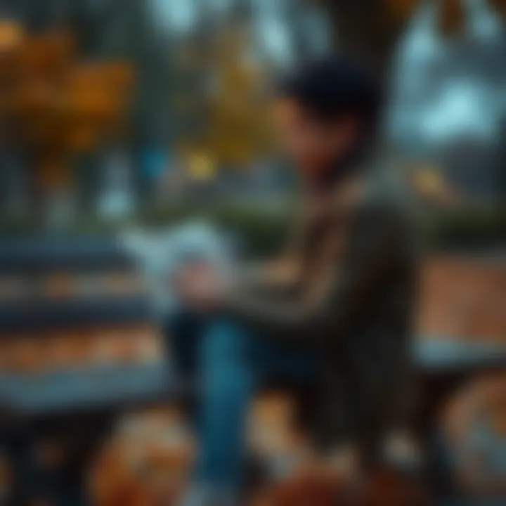 A person sits on a park bench, looking at old photos with a thoughtful expression, surrounded by autumn leaves.