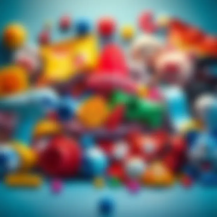 A collage of classic toys and snacks from childhood, evoking feelings of nostalgia in adults, surrounded by cheerful colors and playful designs.