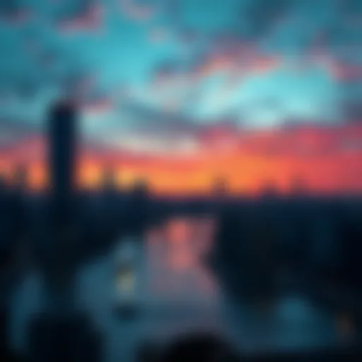 A city skyline at dusk with a vibrant sunset, reflecting a sense of nostalgia and change