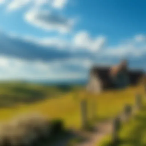 A serene countryside scene depicting rolling hills and a rustic farmhouse under a blue sky, evoking memories of a simpler time.