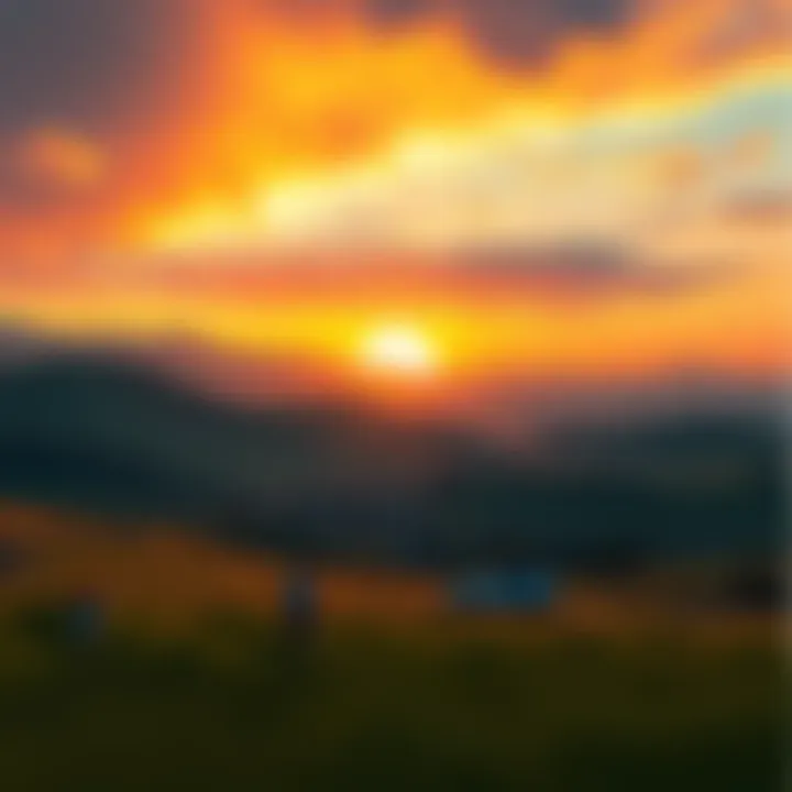 Nostalgic scenes from the Kingdom of Nye A serene landscape depicting a sunset over rolling hills, with a small town in the foreground and children playing in the fields, evoking memories of simpler times.