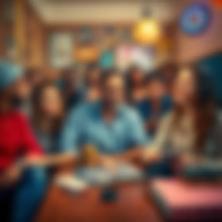 A diverse group of people sharing nostalgic memories about the 80s, 90s, and 2000s, with vintage items and fashion styles from those eras around them.