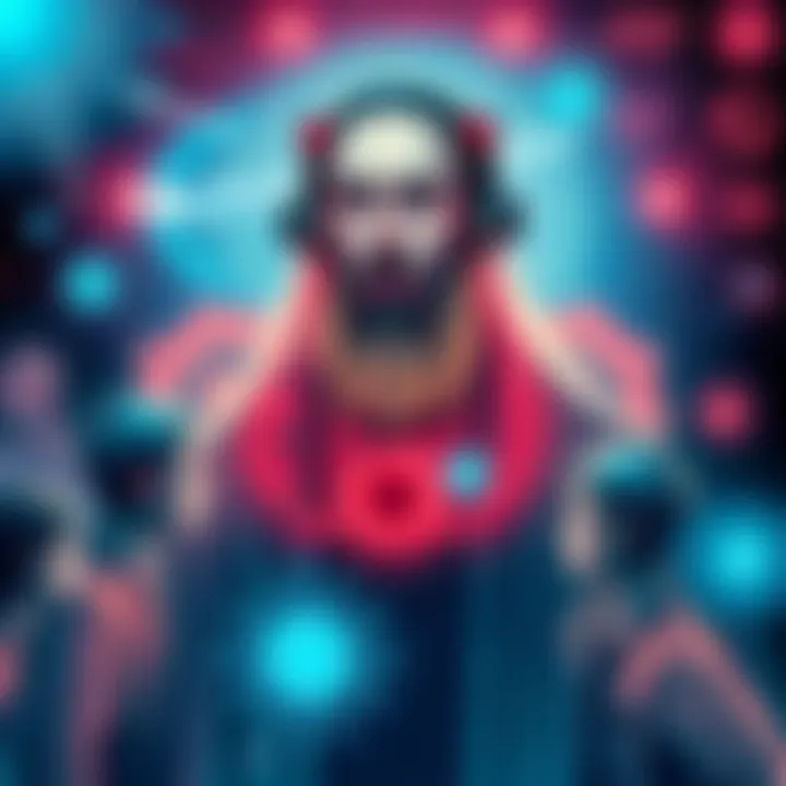 An illustration showing Nostradamus with futuristic AI elements merging with human figures, depicting the blend of technology and consciousness.