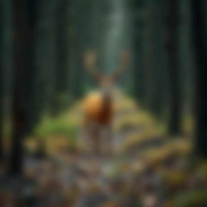 A mysterious deer-like creature standing in a forest, blending with the trees