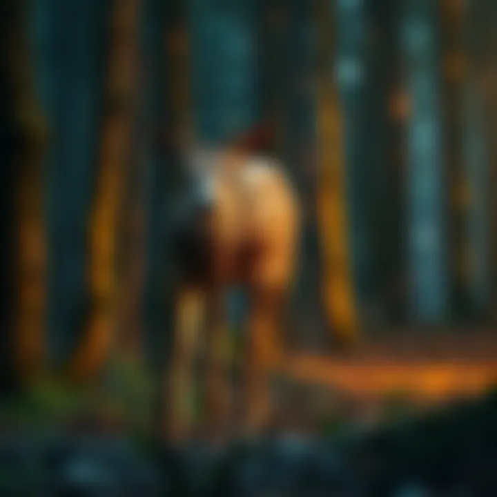 A strange deer-like creature with sharp teeth and white eyes stands on two legs in a dark forest, mimicking human voices.