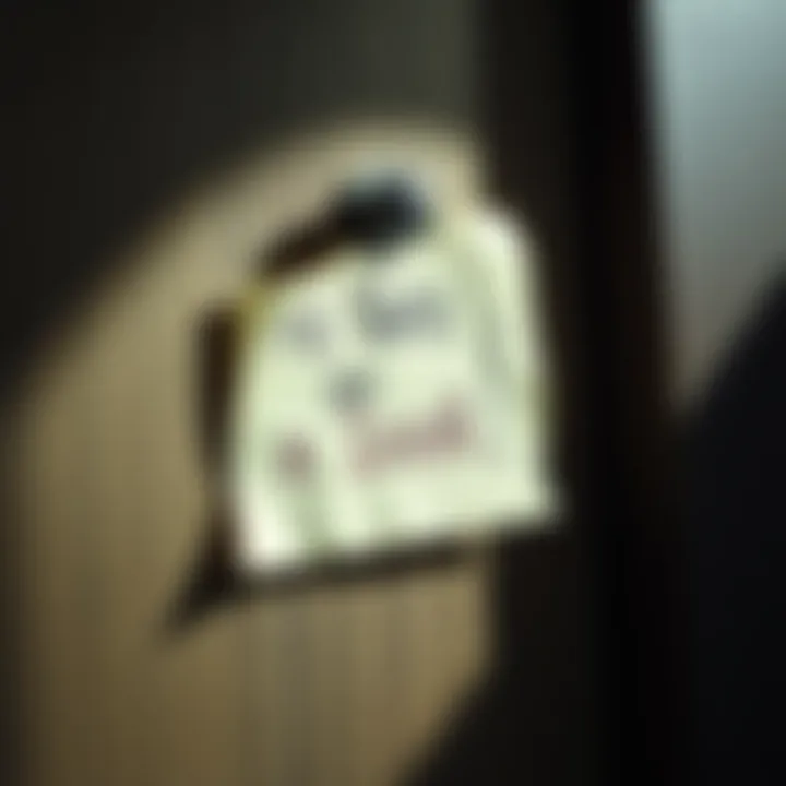 Note Left on a Door A close-up view of a handwritten note taped to a wooden door, with sunlight casting shadows.
