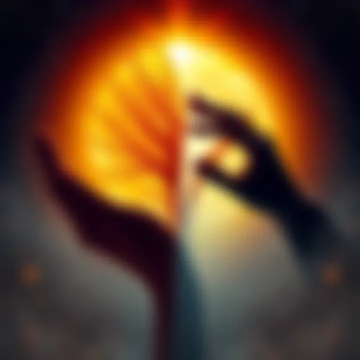 A symbolic representation of Nous with light and shadow illustrating divine insight versus ignorance, set against a celestial background.