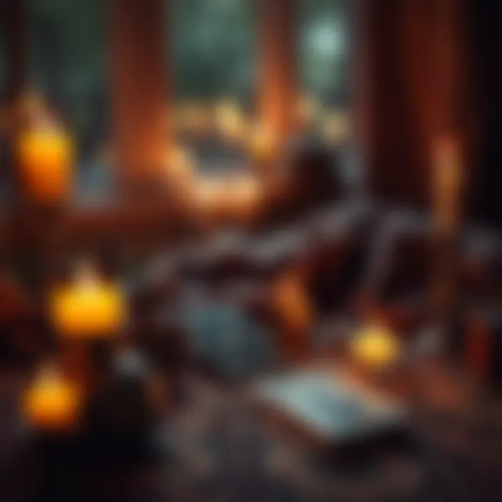 A cozy setting with candles and tarot cards, inviting people for donation-based readings about love, finance, and life guidance.