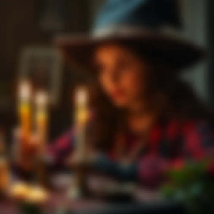 A young woman setting up a reconciliation spell with candles and herbs, looking hopeful