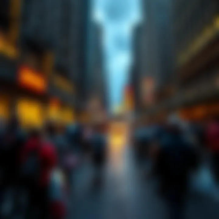 A worried crowd gathers in a city street, looking up at a news alert about potential nuclear threats. People are carrying bags and appear to be in a hurry to evacuate.